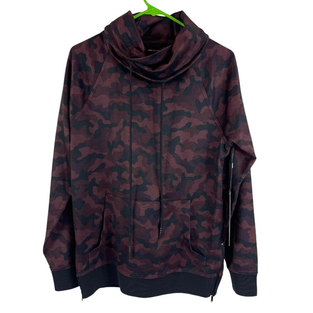 Karl Lagerfeld Camo‎ Zip Up Jacket Sz Small Mens Maroon Cowlneck Sweatshirt